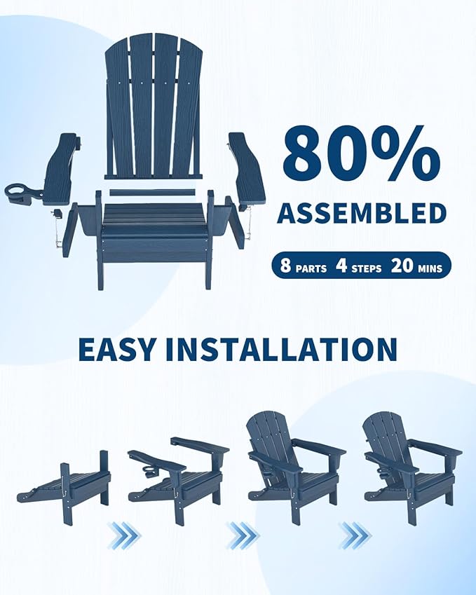 Folding Adirondack Chair Set of 2, All-Weather HDPE Outdoor Chair, Wooden Textured with Cup Holder for patios, Decks, Gardens, fire pits, Navy Blue