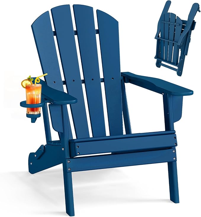 BRIOPAWS Folding-Adirondack-Chair | HDPE Plastic | Fire Pit Chairs | Cup Holder | Curved Back | All Weather | for Outdoor Backyard Deck Patio | Blue