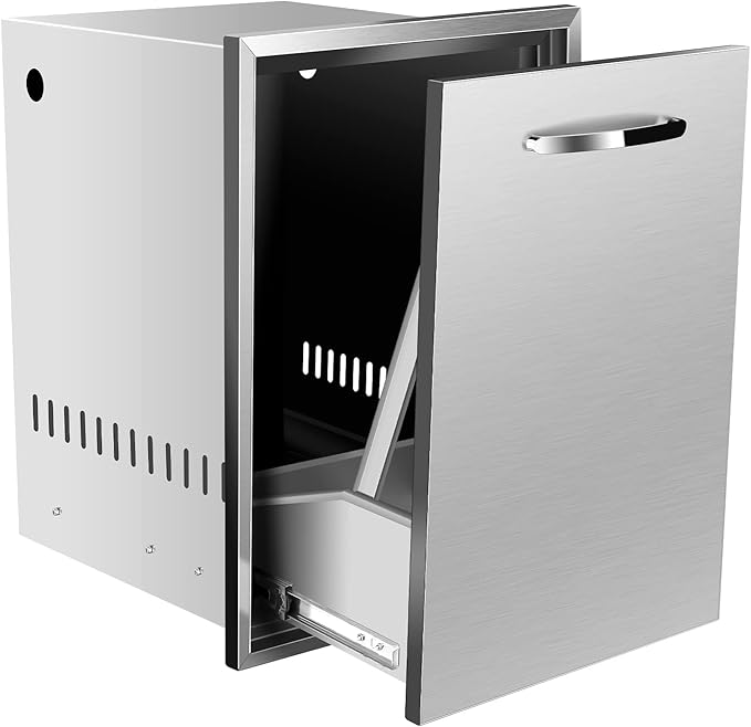 Built-in Double Trash Drawer 16" W x 22.3" H x 18" D, Pull-Out Tray Outdoor Kitchen Stainless Steel Trash Drawer Storage Two Trash Bins for BBQ Island Grill Station
