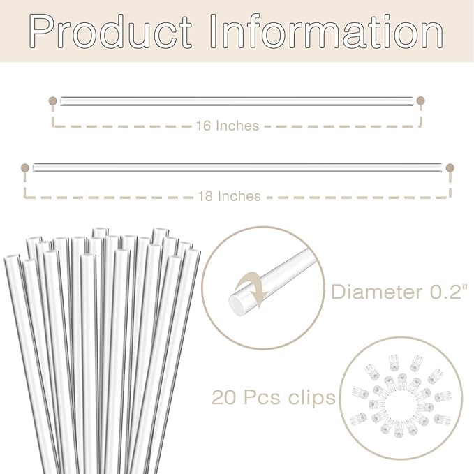 Plant Stakes,Plant Sticks 20PCS Acrylic Clear Plant Support Stakes,18 Inches Garden Single Stem Orchid Stakes for Indoor and Outdoor Plants,Orchid,Potted Plants,Tomatoes,Flowers（with 20PCS Clips）