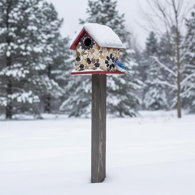 Premium River Pebble Bluebird House – Cedar Wood Outdoor Birdhouse with Embedded Metal Roof, Weather-Resistant Garden Nest Box for Wild Birds, Hanging & Pole Mountable (Red)