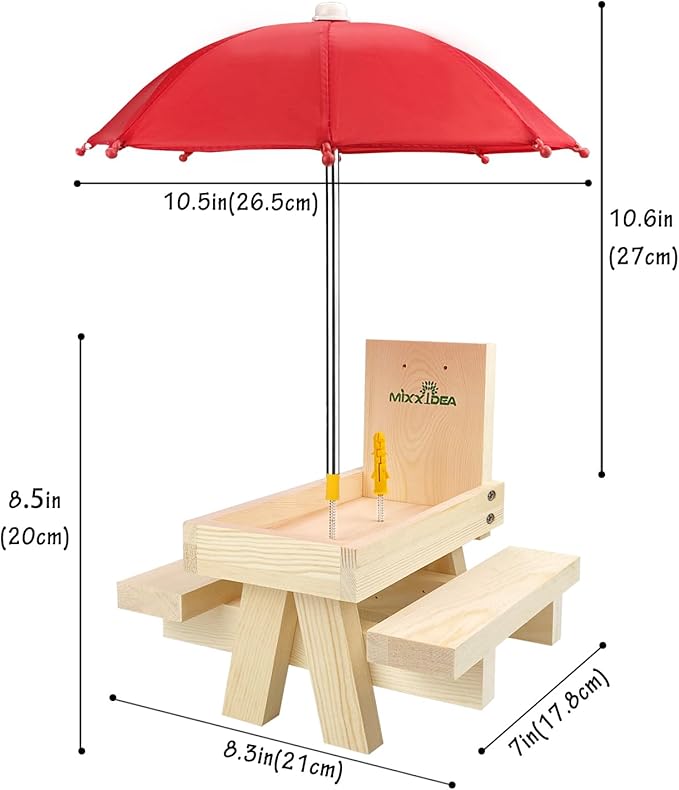 MIXXIDEA Squirrel Feeder Table with Umbrella, Wooden Squirrel Picnic Table Feeder, Sturdy Squirrels Feeder Corn Cob Holder, with Solid Structure and 2 x Thick Benches(1pk)
