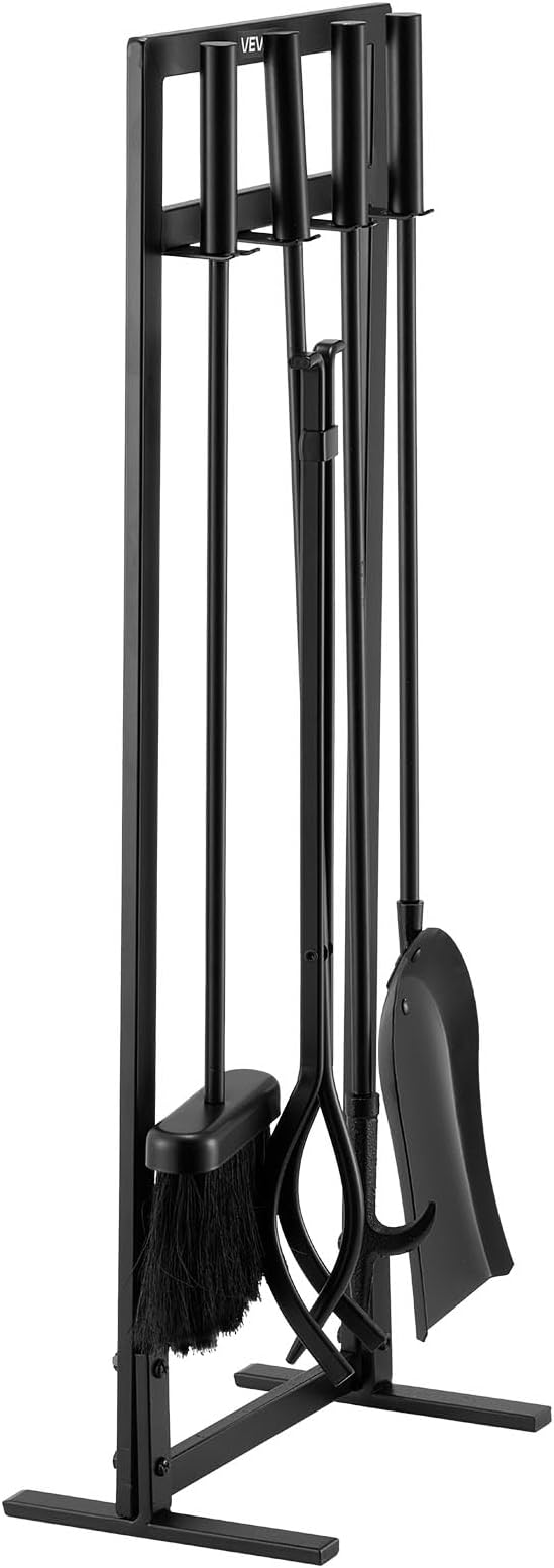 VEVOR Fireplace Tool Set, 5 PCS Fire Tool Set and Holder with Square-Frame Stand, Tongs, Ash Shovel, Brush, Fire Place Poker, Wrought Iron Steel Fireplace Accessories for Indoor/Outdoor, Black