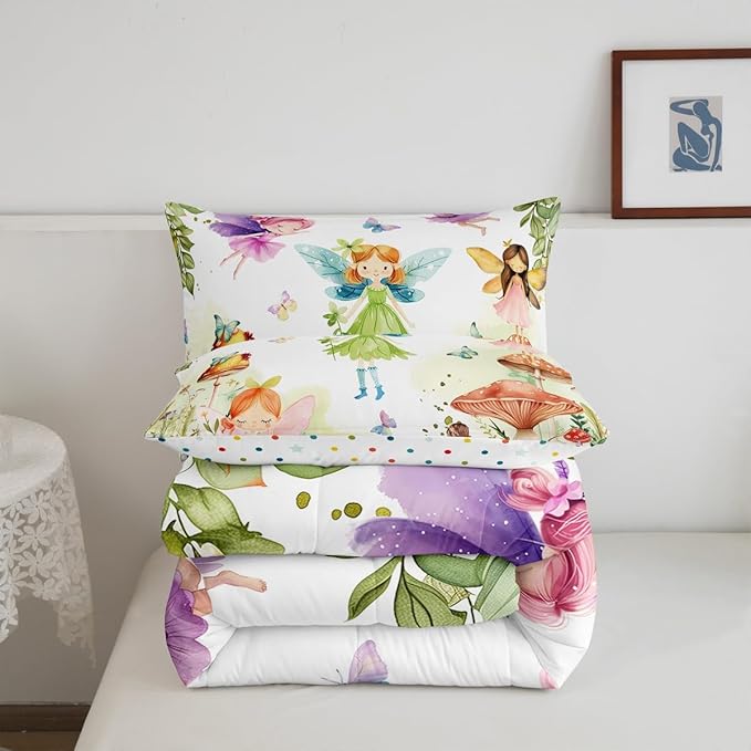 Erosebridal Fairy Garden Queen Bedding Set,Mushroom Butterfly Comforter Set for Girls Kids,Dreamy Fairy Floral Comforter,Cute Girly Princess Bedroom Room Decor,2 Pillowcases Lightweight