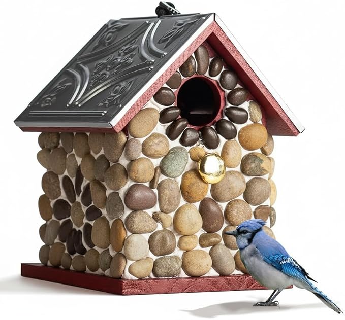 Premium River Pebble Bluebird House – Cedar Wood Outdoor Birdhouse with Embedded Metal Roof, Weather-Resistant Garden Nest Box for Wild Birds, Hanging & Pole Mountable (Red)