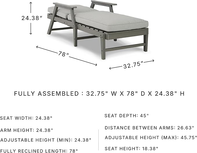 Signature Design by Ashley Visola Contemporary Outdoor Cushioned Chaise Lounge with Adjustable Backrest, Nuvella Weather Resistant Fabric, Gray