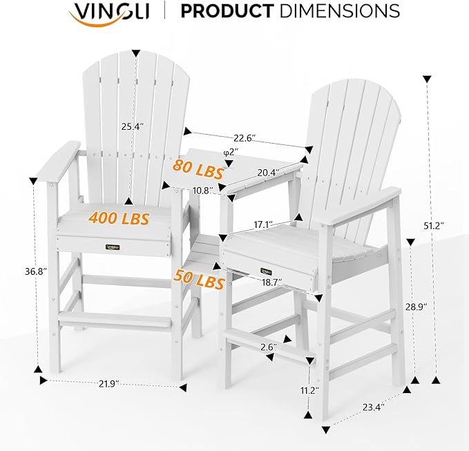 VINGLI Tall Adirondack Chairs Set of 2, All Weather HDPE Bar Height Adirondack Chair with Double Trays, Adirondack Barstools for Balcony, Poolside, Backyard and Patio (White)