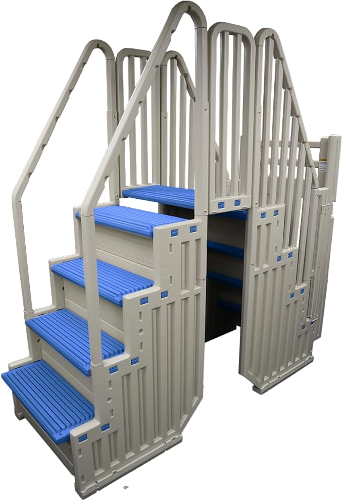 Confer Plastics Step Enclosure System: Above Ground Entry System, Dual Handrails, Slip-Resistant Steps, Supports 400 lbs, Easy Install – Made in USA, Warm Grey with Blue Step-1X Treads