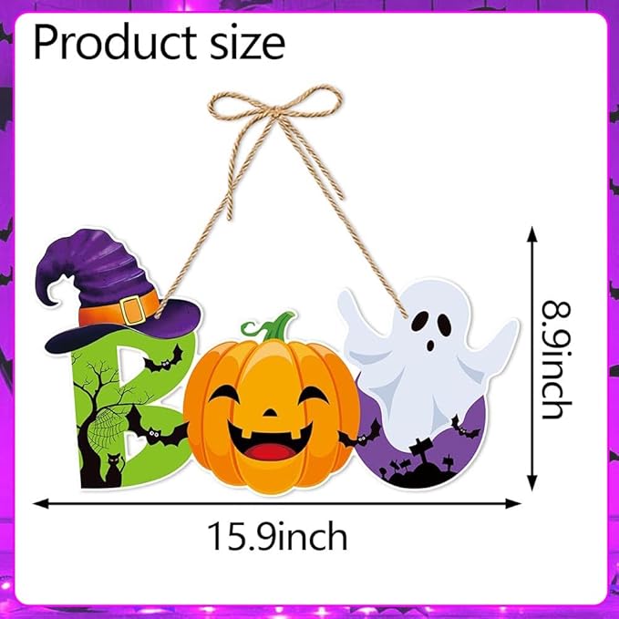Halloween BOO Decorations Cute Pumpkin & Ghost Hanging Sign Front Door Hanger Wreath Decor Indoor Outdoor Decor for Halloween Party Home Farmhouse Wall Porch Yard Window Decoration Supplies