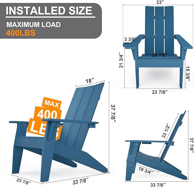MXIMU Modern Adirondack Chair Weather Resistant with Cup Holder Oversized Fire Pit Chairs Adorondic Plastic Outdoor Chairs for Firepit Area Seating (Navy)