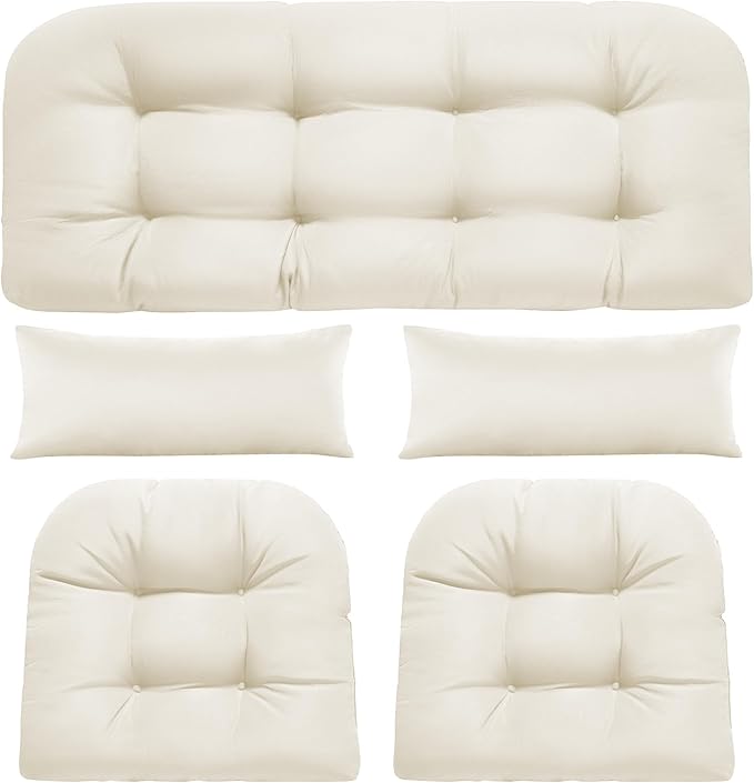 Wicker Chair Cushions of 5 Pieces, Waterproof Outdoor Loveseat Cushion for Wicker Furniture, 1 Love Seat Cushion, 2 U-Shape and 2 Lumbar Pillows for Patio Furniture (Cream)