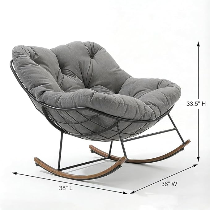 Outdoor Rocking Chair, 400 lbs Sturdy Frame with Thick Cushion,Patio Papasan Chair for Bedroom, Living Room, Porch, Garden(Grey)