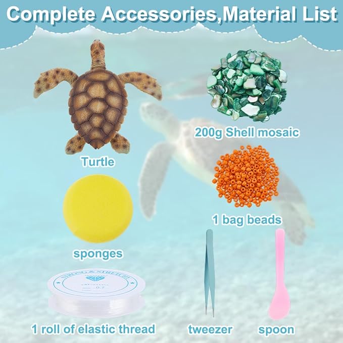 WEBEEDY DIY Mosaic Turtle Kit Create Your Own Mosaic Sea Turtle Ornaments with Crushed Shell,Glass Beads,Tool and Instruction for Adult Beginner Home Outdoor Garden Summer Party Decoration,5x4.7Inch