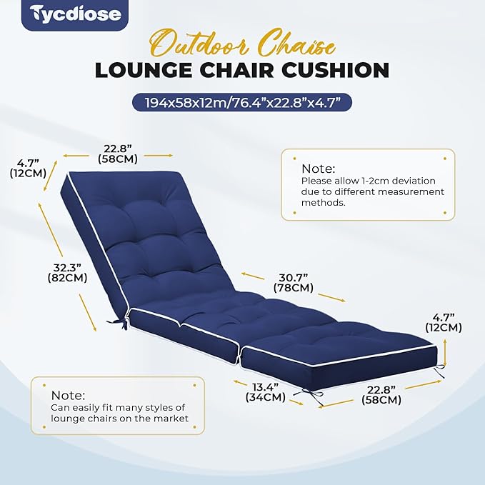 Outdoor Chaise Lounge Chair Cushion, Non-Slip Patio Chaise Lounge Cushions Waterproof for Outdoor Furniture, Thickened Patio Pool Lounger Chair Cushion, 76.4 x 22.8 x 4.7 Inches, Navy