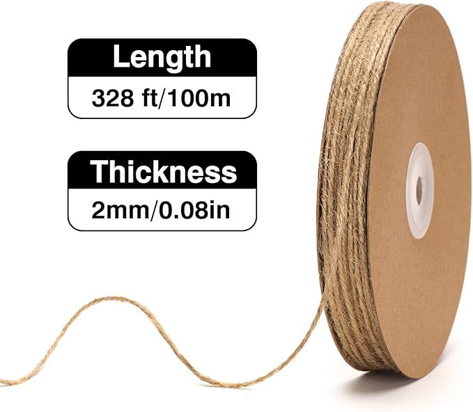 KINGLAKE Natural Jute Twine String - 2mm Twine String for Crafts 328 Feet 3 Ply Jute Rope for Gift Wrapping Christmas Packing Arts Decoration Wedding Gardening