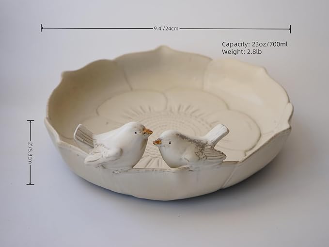 Ceramic 9.45 inch Beige Heavy Duty Ground Wild Bird Bath Bowl or Feeder for Outdoor Garden, Bowl Only