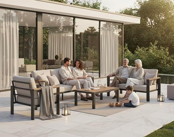 Aluminum Outdoor Patio Furniture Set with Coffee Table, 4 Piece Patio Conversation Sets with Washable Thick Cushions, Outdoor Sectional Furniture Set for Porch, Balcony, Deck, Silver