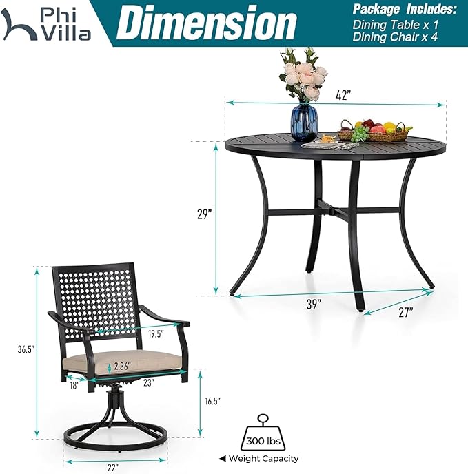 PHI VILLA 5 Pieces Outdoor Round Dining Set for 4, 42" Metal Wrought Iron Table with Umbrella Hole & Swivel Chairs with Cushions, Modern Patio Furniture Set for Deck, Yard, Porch