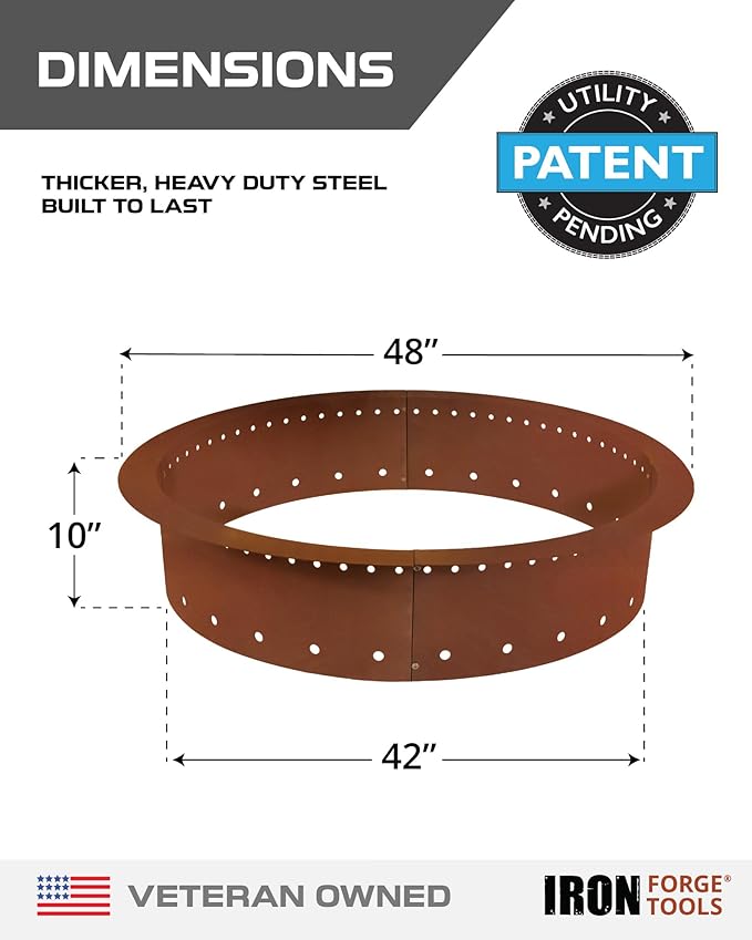 Heavy Duty Metal Smokeless Permanent Fire Pit Ring 48 inch Outer/42 inch Round Fire Pit Insert Liner for Outdoor, Firepits for Outside Corten Steel (48x42x10), Patent Pending