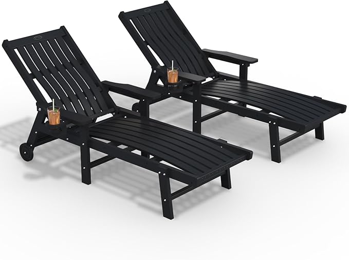 Patio Chaise Lounge Chair Set of 2, Oversized Lounge Chair Outdoor with 5 Positions, HDPE, Patio Lounge Chair with Wheels & Cup Holder for Pool, Deck, Poolside,Black