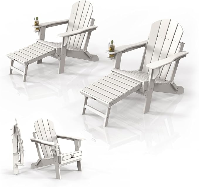 VINGLI Folding Adirondack Chair Set of 2 with Ottoman, Waterproof Plastic HDPE Firepit Chair for Outside with Hidden Footrests, Foldable Ergonomics Seating for Patio Porch Yard Garden(White)