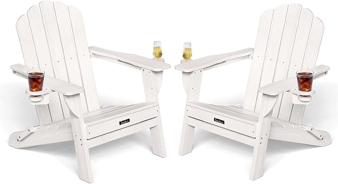 Adirondack Chairs Set of 2, HDPE Material Fire Pit Chairs, Plastic Adirondack Chairs with 2 Cup Holder, Outdoor Lawn Chair for Patio Garden，White