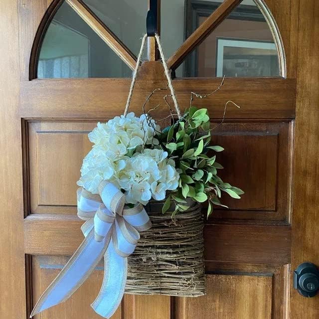 Cream Hydrangea Door Hanger Basket, 2025Wildflowers Door Hanging Basket, Front Door Beautiful Artificial Spring and Summer Wreath Welcome Sign, Home Porch Farmhouse Decor (A1)