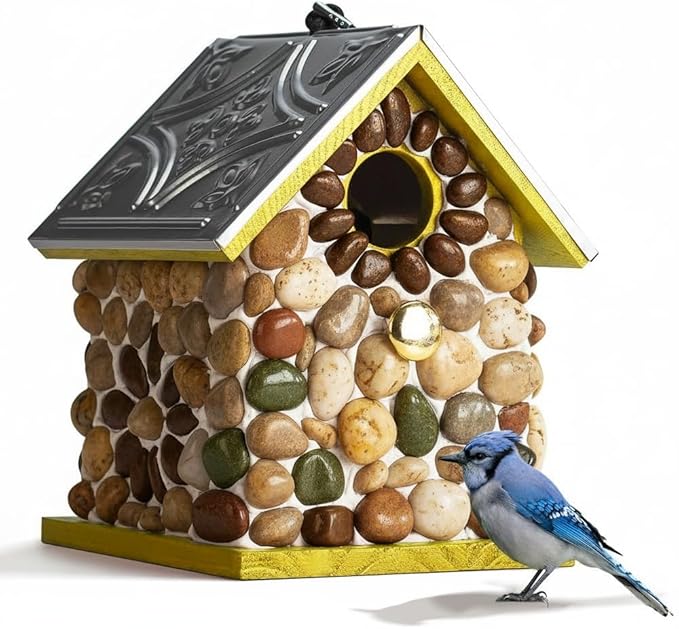 Premium River Pebble Bluebird House – Cedar Wood Outdoor Birdhouse with Embedded Metal Roof, Weather-Resistant Garden Nest Box for Wild Birds, Hanging & Pole Mountable (Yellow)
