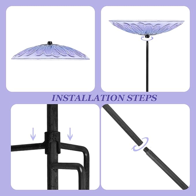 Bird Baths for Outdoors, Glass Birdbaths Outdoor Garden Birdfeeder with Metal Stake for Lawn Yard Decor, 24 Inch Height, Purple