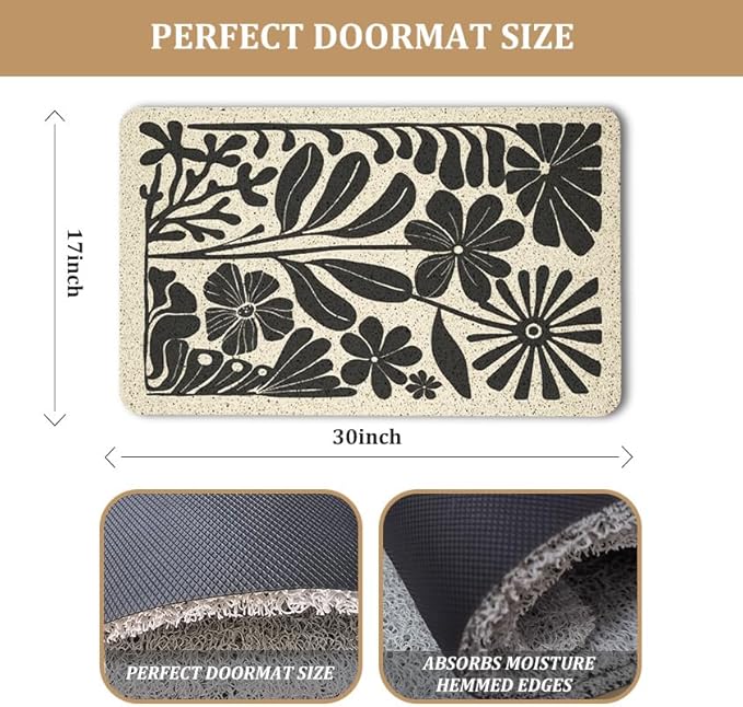 Boho Beige and Black Floral Door Mat - Bohemian Neutral Floral Front Door Welcome Mats Outdoor Entrance, 17x30 Rug