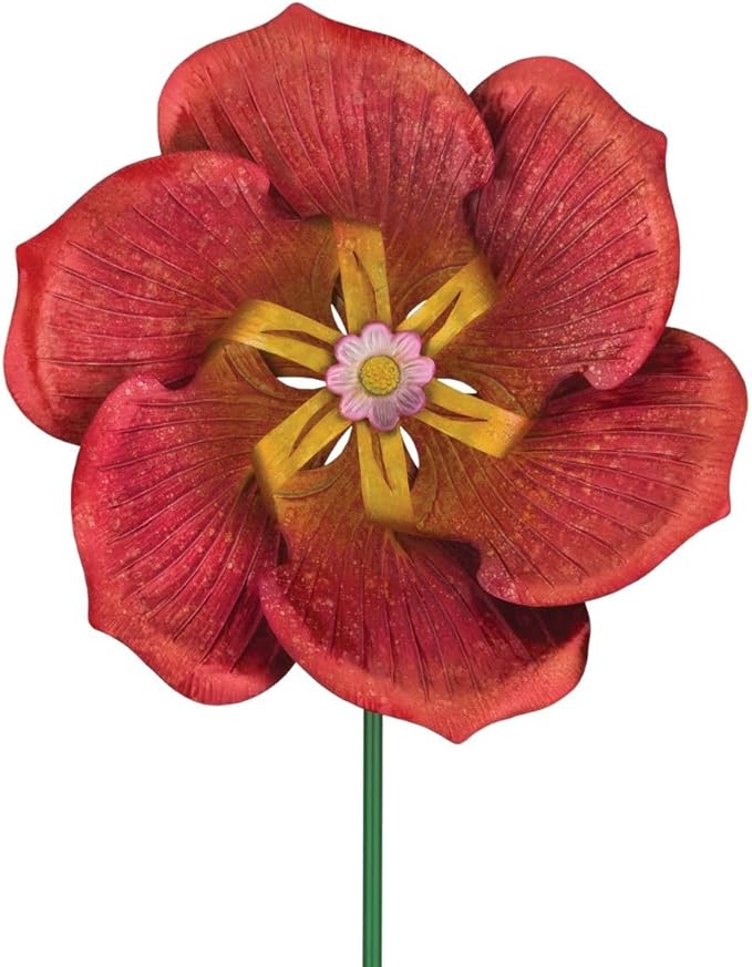 Regal Art & Gift Textured Flower Poppy Wind Spinner - Metal Yard Decorations Outdoor | Kinetic Garden Spinner for Lawn, Pathway, or Flower Bed | Weather-Resistant Outdoor Sculpture