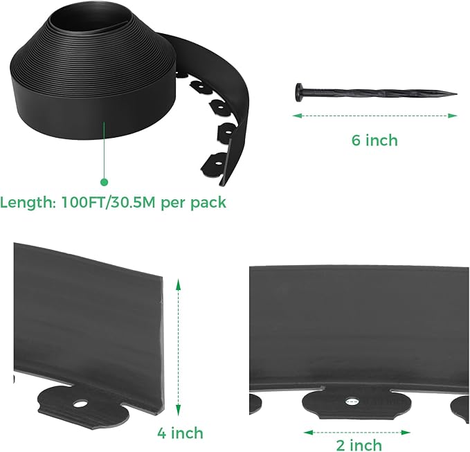 4-Inch x 100 FT Landscape Edging Border with 150 Stakes, Plastic Garden Edging Border Kit, Flexible No Dig Lawn Edging Border for Garden Flower Beds Yard Pathway Paver (Black)