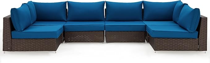 HOMREST Outdoor Replacement Cushions for Patio Furniture,Water-Repellent Sofa Cushion for 6-Seat Rattan Wicker Sectional Patio Conversation Sets,14-Piece Cushions Set for Outdoor Couch-Blue