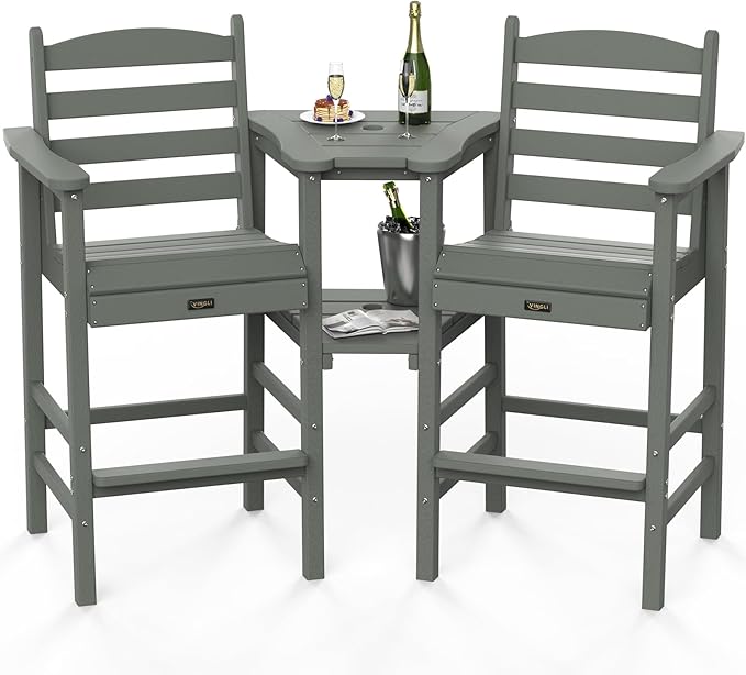 VINGLI Tall Adirondack Chairs Set of 2 with Removable Double Connecting Trays, HDPE Weather Resistance Outdoor Bar Stools Heavy Duty Patio Table and Chars Set Poly Deck Chairs for Pool Balcony (Gray)