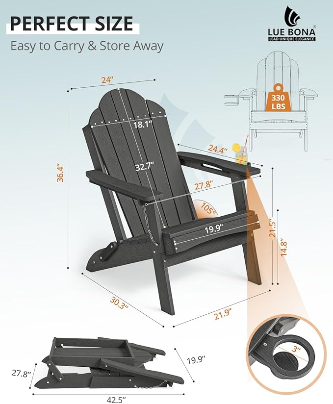 LUE BONA Folding Adirondack Chair, Chairs Set of 8, Cup Holder, Woodgrain, Fire Pit, Patio, Pool, Black