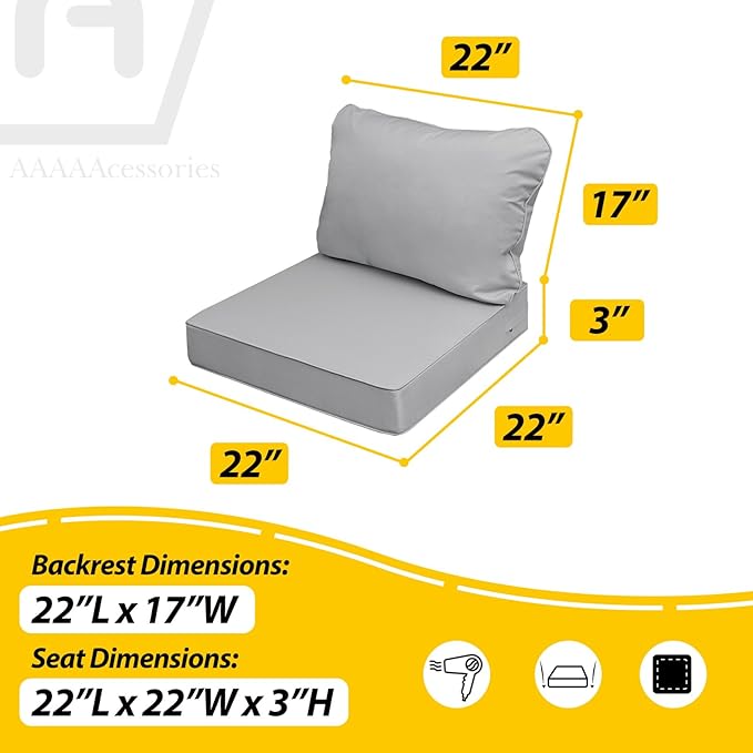 AAAAAcessories Outdoor Seat Cushions for Chairs, Fade-Resistant, Waterproof Patio Furniture Replacement Cushions, 22" x 22" x 3" + 22" x 17", Set of 4, Gray