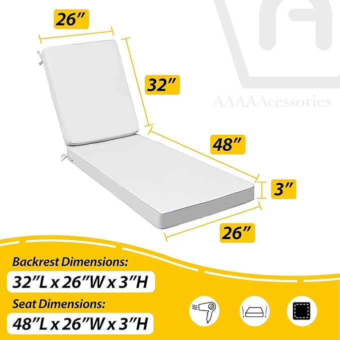 AAAAAcessories Outdoor Chaise Lounge Cushions, Fade-Resistant, Waterproof Patio Furniture Replacement Cushions, 80" x 26" x 3", Creamy White
