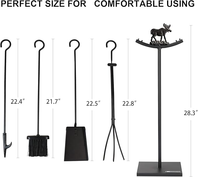 5 Pieces Fireplace Tools Set Strength Wrought Iron Indoor Outdoor Fire Place Toolset Hearth Accessories Kit with Fireplace Brush, Fire Poker, Fireplace Shovel, Firewood Tong