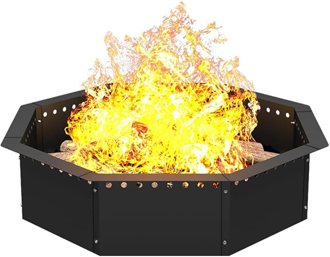 Mocomax Smokeless Fire Pit Ring 35-Inch Outer 31-Inch Inner Diameter, Large Solid Steel Firepit Liner for Outside Wood Burning, DIY Campfire Ring Above or In-Ground for Outdoor, Octagonal