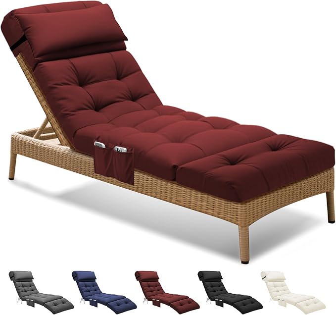 Outdoor Chaise Lounge Chair Cushion Waterproof 74.4 x 22 x 4.7 Inches Lounge Chair Cushions Thickened for Outdoor Furniture with Headrest and Pocket, Replacement Pool Lounge Cushions, Red