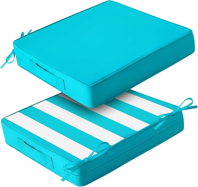Amagenix Outdoor Chair Cushions Set of 2, 21"x21"x3" Waterproof Outdoor Seat Cushions for Patio Furniture, Stripe Reversible Patio Cushions with Ties & Handle & Hidden Zipper, Fade-Resistant,Teal