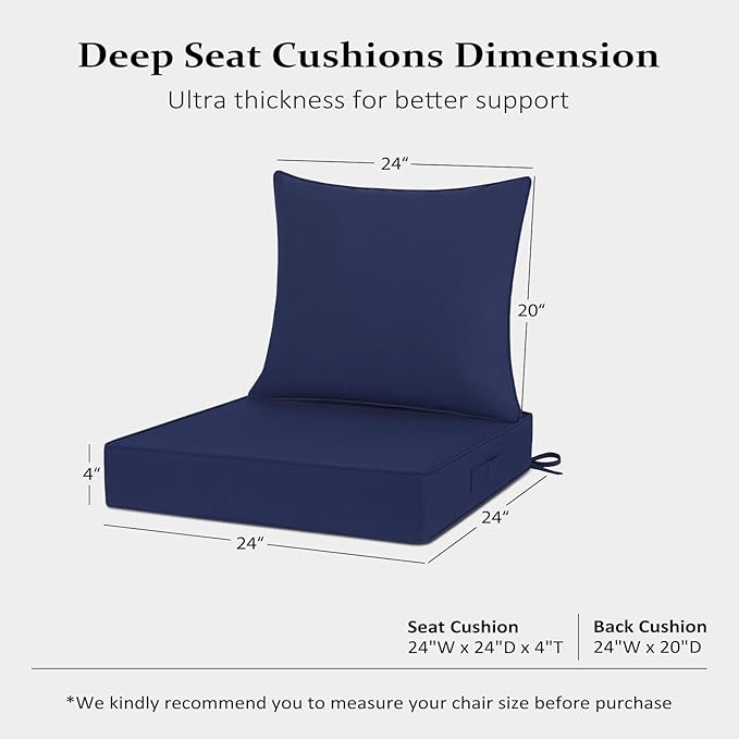 Cozyide Outdoor Chair Cushions 24x24, Washable Patio Furniture Cushions with Removable Cover, Waterproof Outdoor Deep Seat Cushion Set with Non-Slip Ties and Handle, Navy