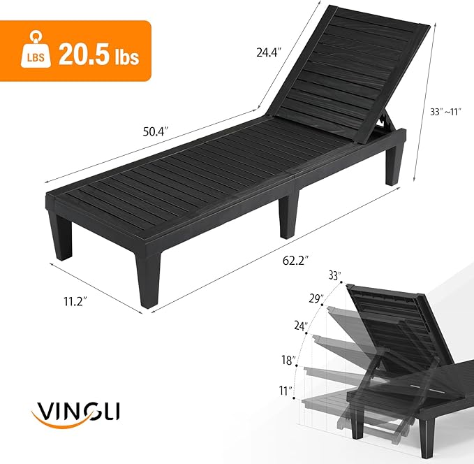 VINGLI Outdoor Chaise Lounge Chair Set of 2, Waterproof Outdoor Lounge Chair with 5-Level Adjustable Backrest, Patio Chaise Lounges for Garden, Pool, Beach Patio Deck Sunbathing (Black, 2 PCS)