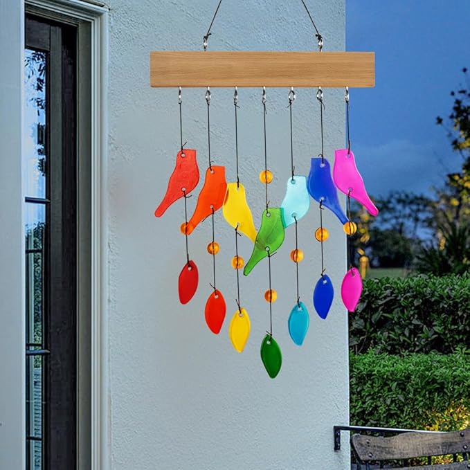 Handwork Crystal Glass & Driftwood Chimes, Sandblasted Glass and Wood Handcrafted Wind Chimes, Birds Wind Chimes for Home, Yard, Patio, Garden Decoration, Gift for Mom, Gifts for Bird Lovers
