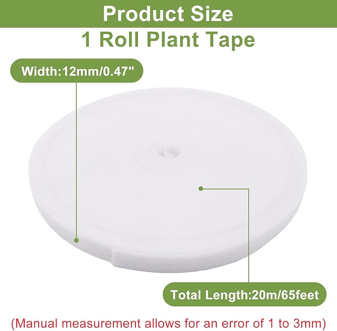 1 Roll 65 Feet/20M Plant Tape, Reusable Double-Sided Hook and Loop Tape, Width 12mm/0.47" Garden Tie for Climbing Plants Fastening Support, Cable Wire Management Strap (White)