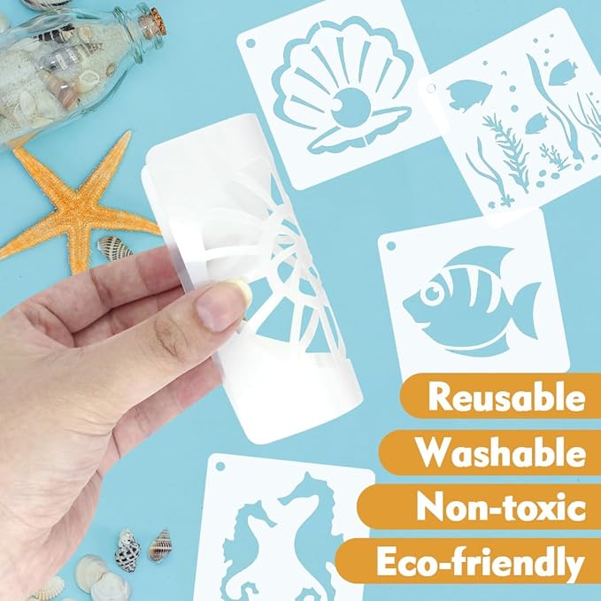 50 PCS Ocean Animal Painting Stencils Reusable Sea Stencils for Painting on Wood Rocks Canvas Fabric Glass Pottery 4x4 Inch