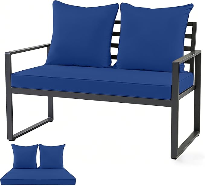 Outdoor Loveseat Cushion Set for Patio Couch/Sofa, 46 x 26 Inch Waterproof & Fade Resistant Patio Furniture Chiar Cushions with Removable Cover (Blue, 46''Lx26''Wx4''H-Loveseat Cushion Set)