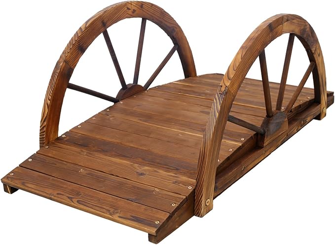 ZeHuoGe 3.3 FT Wooden Garden Bridge Arc Footbridge with Half-Wheel Style Railings & Solid Fir Construction