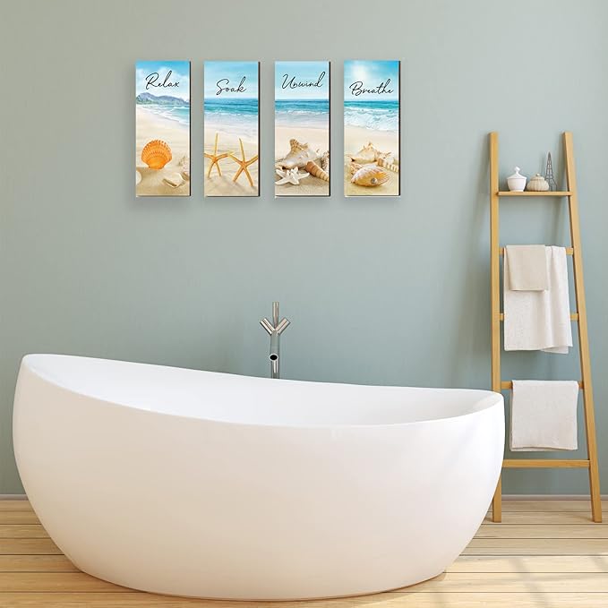 4 Pieces Beach Bathroom Decor Ocean Beach Wall Decors Relax Soak Unwind Breathe Blue Wall Art Hanging Sign Seashell Starfish Wooden Sign for Bathroom Living Room Laundry Spa Washroom(beach, 10x4 Inch)