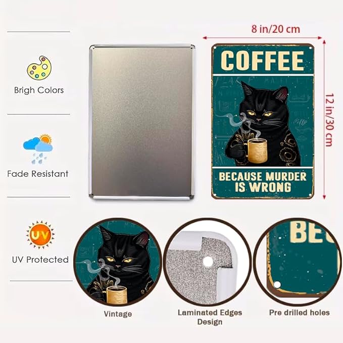 Cat Coffee Sign Aesthetic Decor - Cat Metal Tin Sign 12" x 8" - Vintage Coffee Bar Wall Art for Cat Lovers - Cute Cat Home Decor for Kitchen, Living Room Bathroom